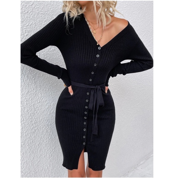 Belted Knit Black Button Through Long Sleeve Dress Knee Length - Picture 4 of 6